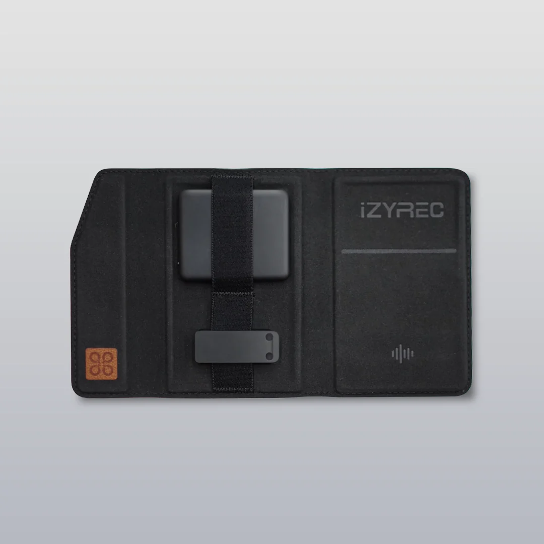  iZYREC Mini Voice Recorder is stored in the carrying case